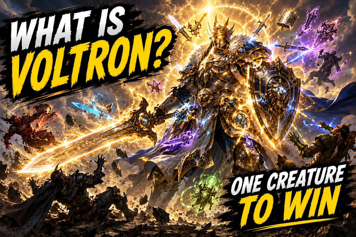 Magic: The Gathering Voltron deck guide featuring a powerful Commander equipped with weapons, armor, and magical artifacts, demonstrating how Voltron strategies focus on winning with a single creature.