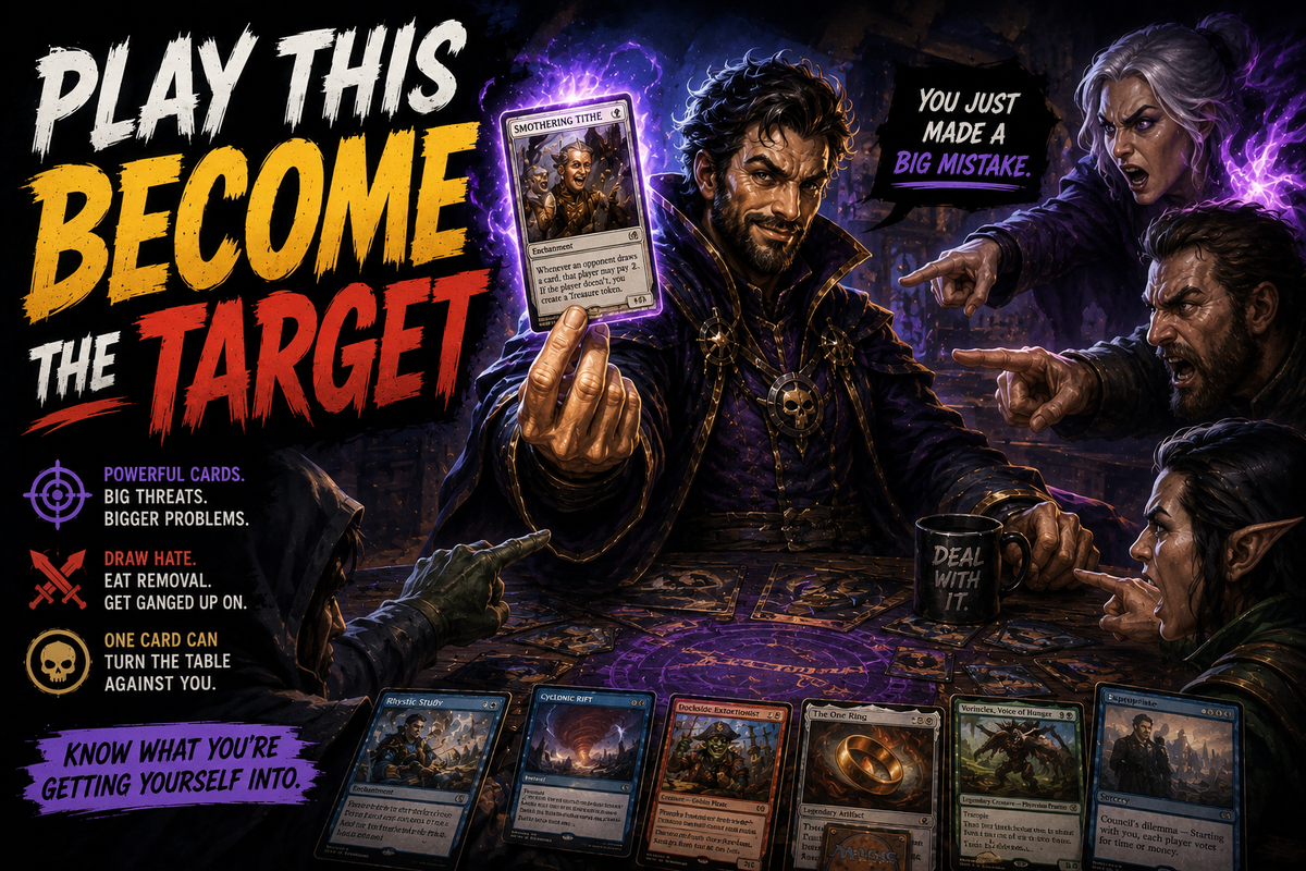 Cards that instantly make you the Archenemy in Commander, featuring an EDH player becoming the target after casting powerful staples like Smothering Tithe, Rhystic Study, Cyclonic Rift, and The One Ring.