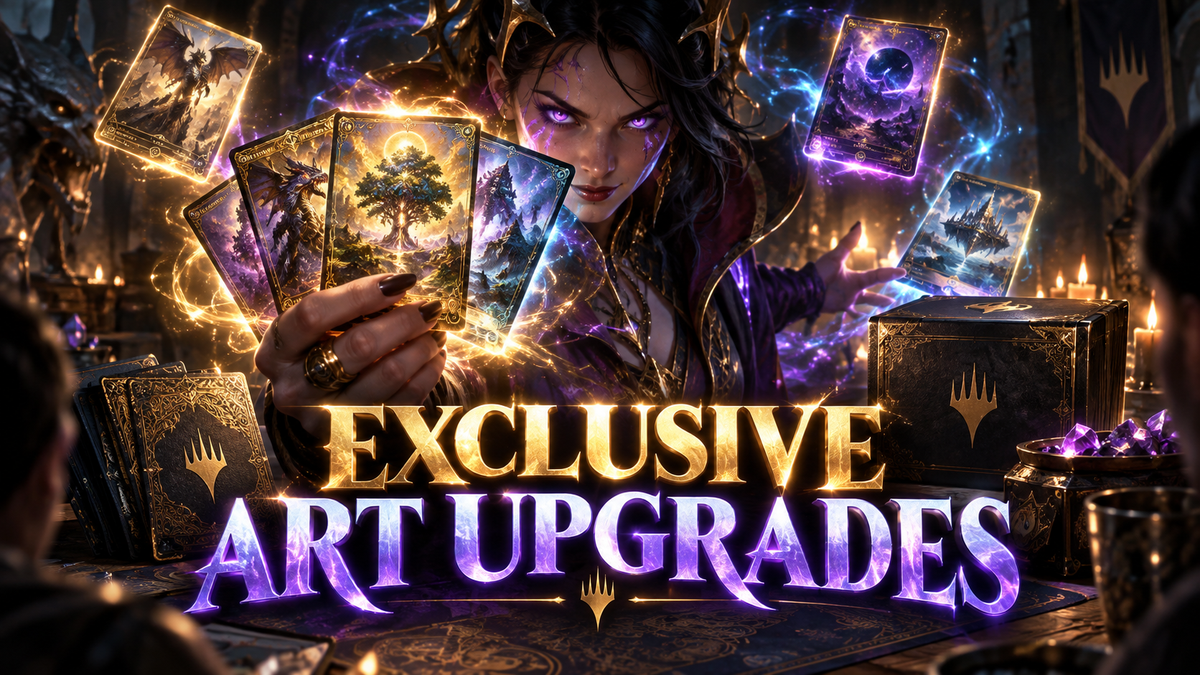 MTG exclusive art proxy upgrades guide image showing a Commander tabletop with premium looking staple cards, deck box, sleeves and the title Make Your Deck Look Epic.