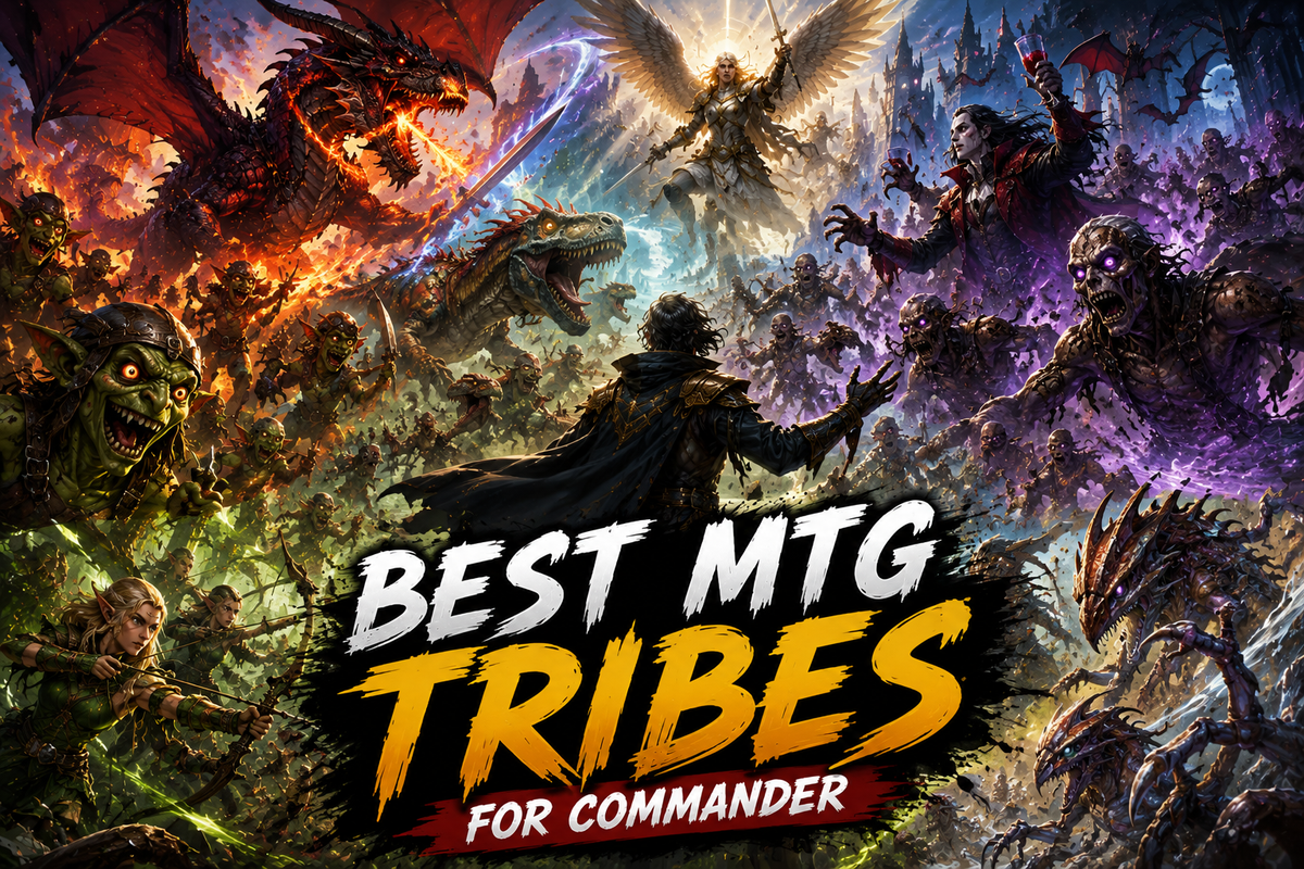 Commander tribal guide featuring an epic fantasy battlefield where Dragons, Angels, Zombies, Goblins, Elves, Dinosaurs, Vampires, and Slivers clash in a massive war between Magic: The Gathering's most popular creature tribes.