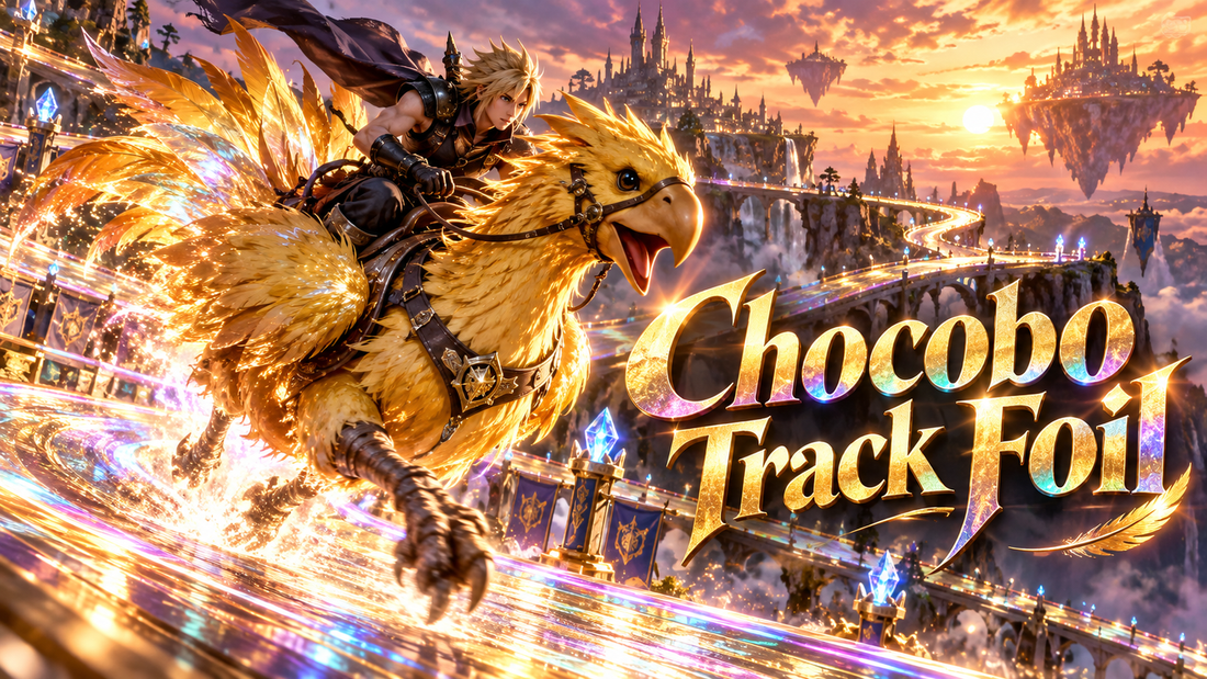Chocobo Track Foil guide image showing a golden chocobo racing across a glowing fantasy track with floating cities, crystal lights and the title Chocobo Track Foil.