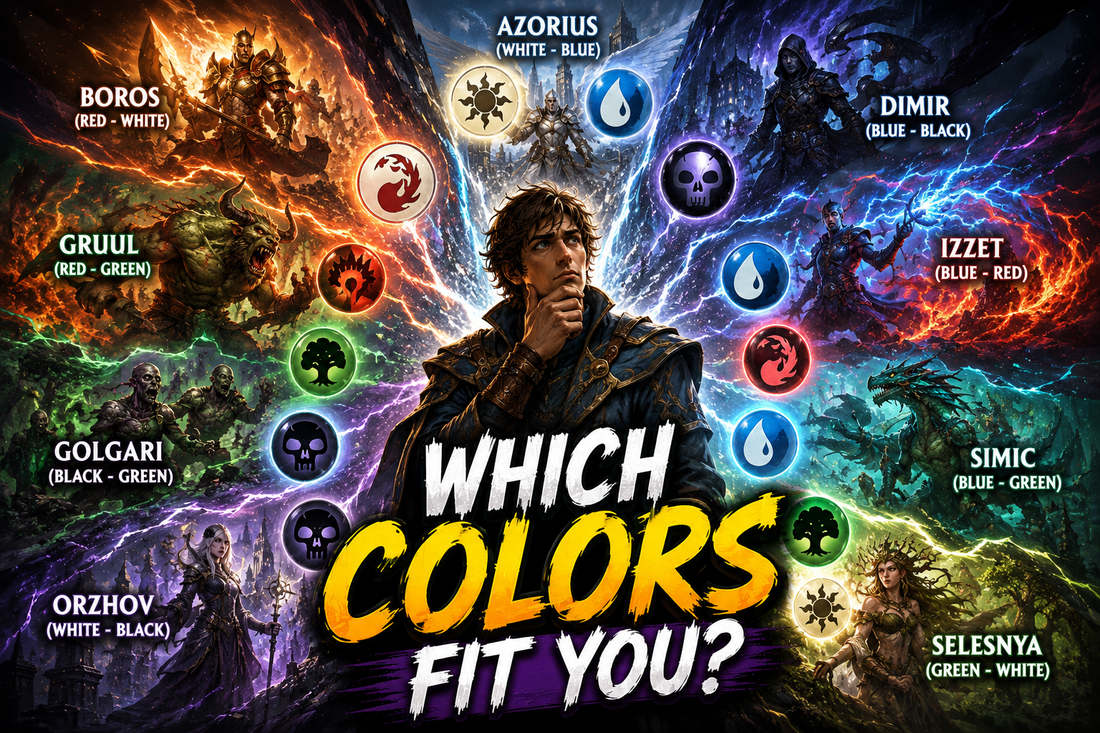 Commander player exploring different Magic: The Gathering color combinations, surrounded by iconic MTG color identities and the strategies associated with each playstyle.