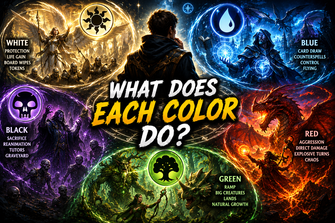 Commander color guide explaining the five MTG colors through fantasy characters and creatures, highlighting the unique strengths, mechanics, and strategies of White, Blue, Black, Red, and Green.