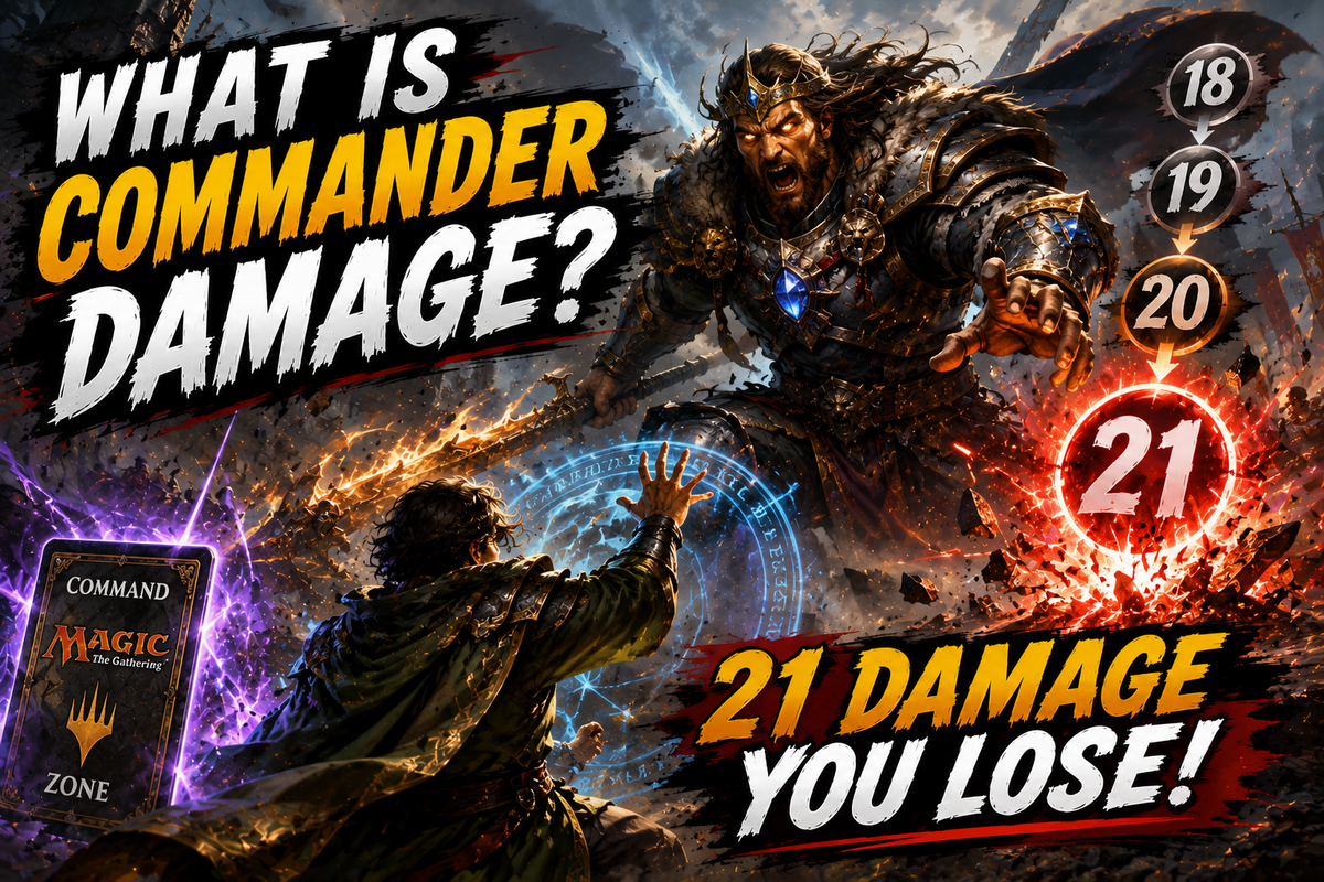 Magic: The Gathering Commander Damage guide illustrating the 21 damage rule, where a single Commander can eliminate a player through combat damage regardless of their remaining life total.