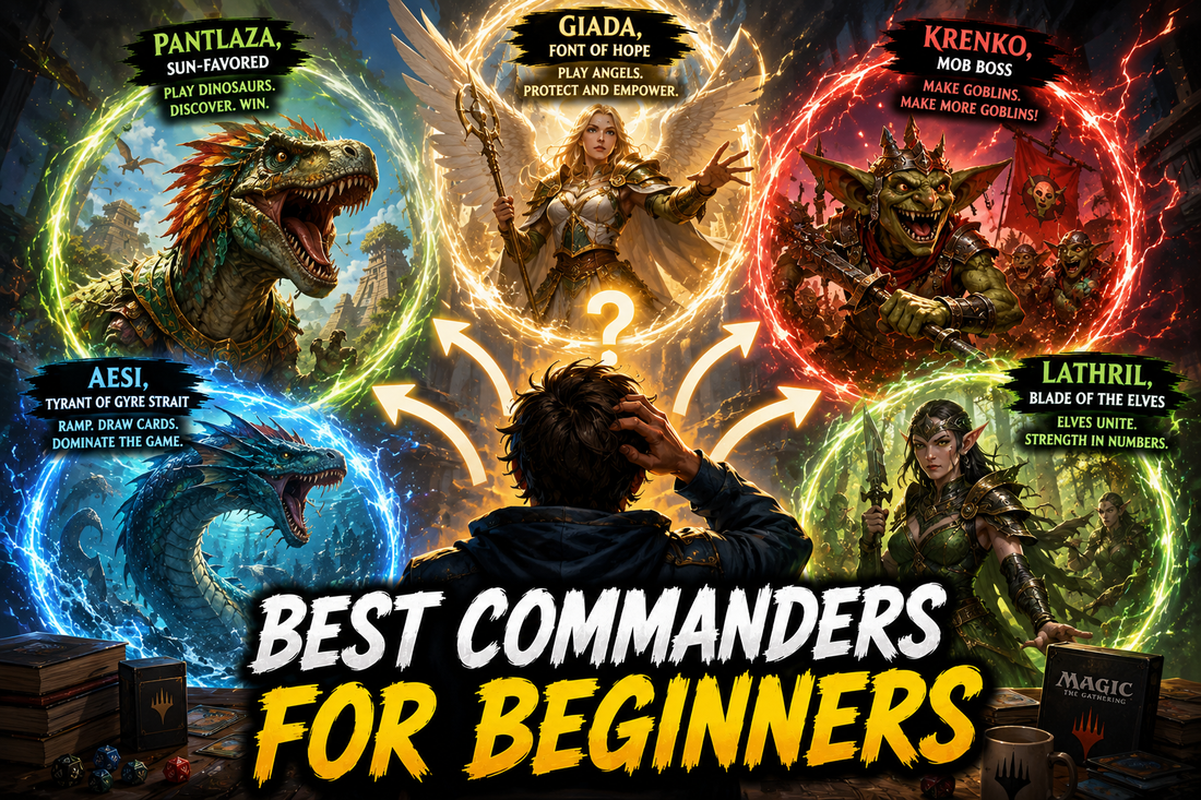 New Commander player choosing between beginner-friendly EDH Commanders, including dinosaurs, angels, goblins, elves, and ramp-focused strategies in Magic: The Gathering.