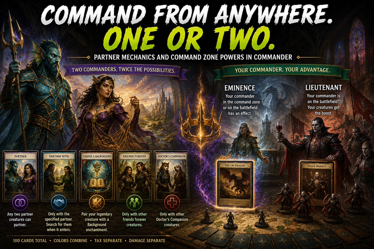 MTG Partner, Background, Eminence and Lieutenant guide image showing two Commander leaders, command zone power, a glowing crown, legendary creatures, and Commander deckbuilding strategy.