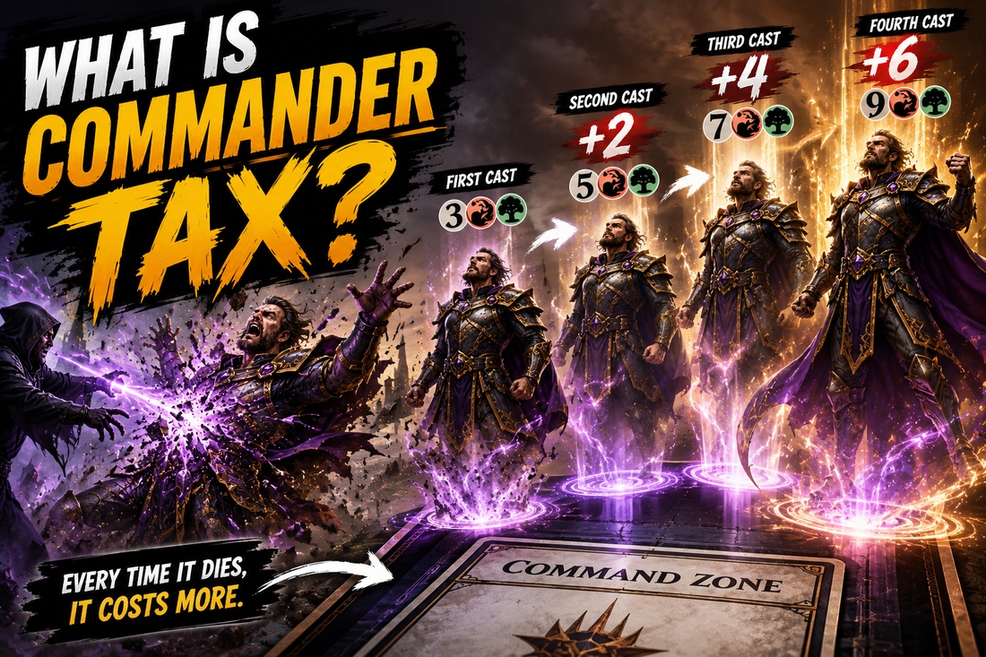 Magic: The Gathering Commander Tax guide illustrating how a Commander becomes more expensive to cast each time it returns from the Command Zone after being removed from the battlefield.