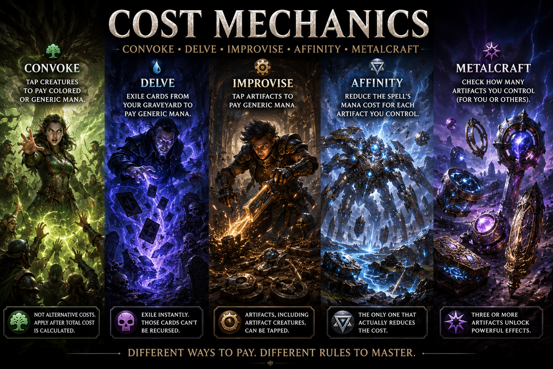 MTG Convoke, Delve, Improvise, Affinity and Metalcraft guide image showing cost mechanics as fantasy scenes with creatures, graveyard magic, artifacts, cost reduction, and Commander rules energy.