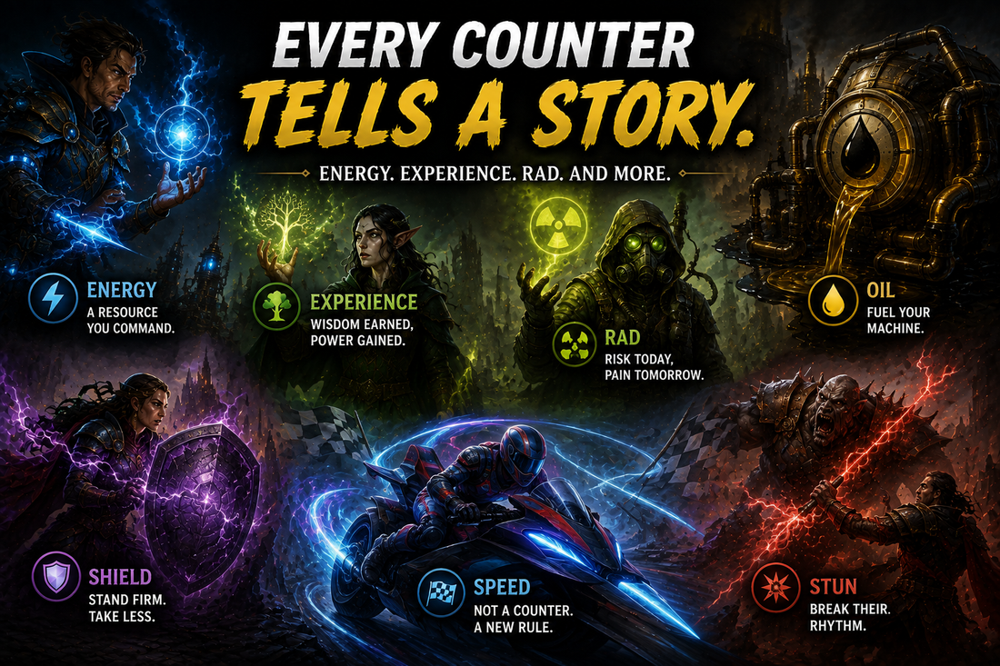 MTG Energy, Experience, Rad and Special Counters guide image showing magical player counters, radiation energy, oil machinery, shield protection, stun effects, speed racing, and Commander counter rules.