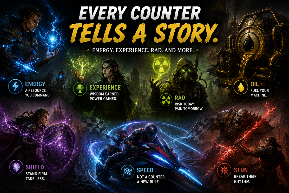 MTG Energy, Experience, Rad and Special Counters guide image showing magical player counters, radiation energy, oil machinery, shield protection, stun effects, speed racing, and Commander counter rules.