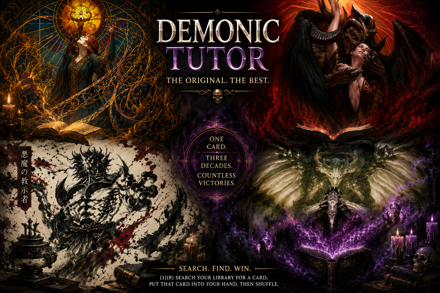 Demonic Tutor card spotlight and proxy guide image showing multiple Demonic Tutor art versions brought to life with dark magic, demons, spellbooks, and mystical fantasy energy.