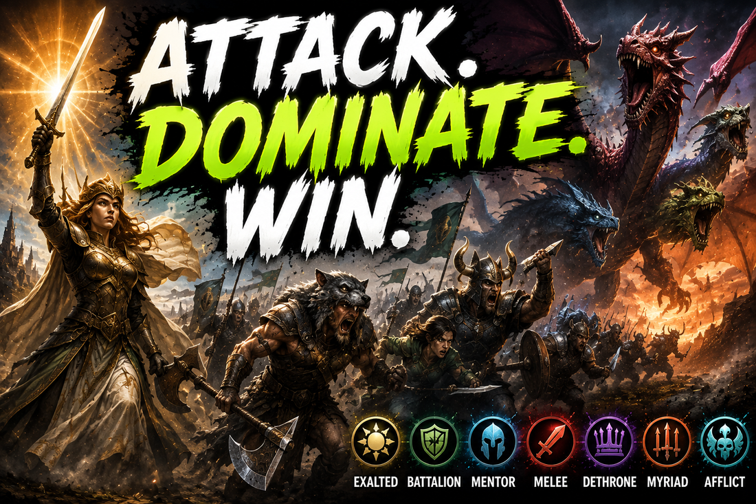 MTG Exalted, Battalion, Mentor and Myriad guide image showing a massive fantasy battlefield with warriors charging, a lone heroic attacker, army combat, dragons, and Commander combat mechanics.