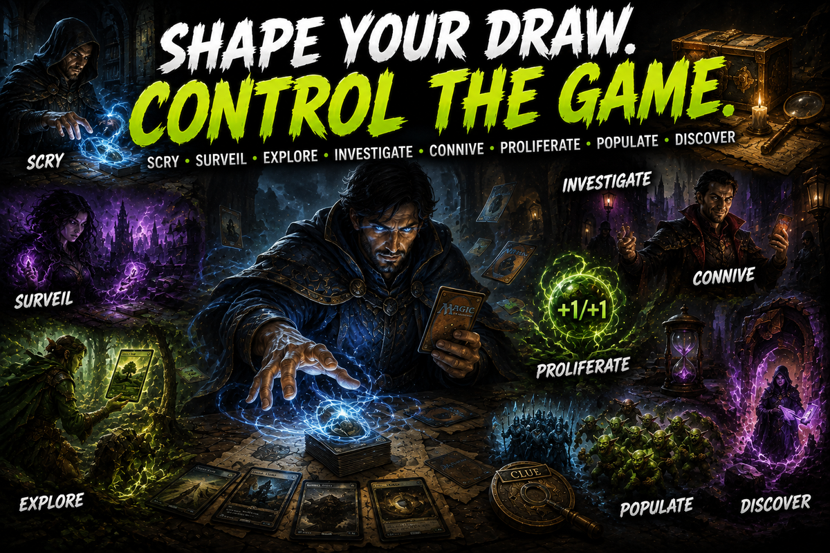 MTG Scry, Surveil, Explore and Connive guide image showing a blue mage controlling a magical deck, shaping future draws with card selection, clues, counters, tokens, and discovery effects.
