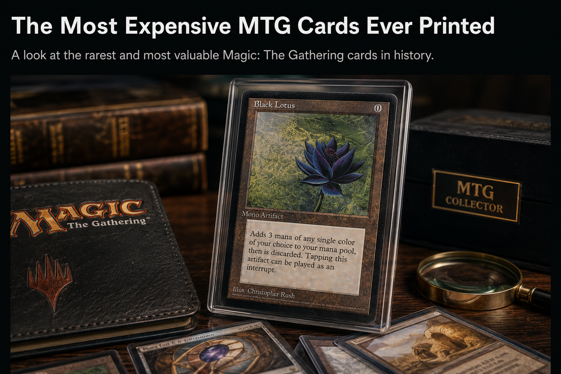 Black Lotus, one of the most expensive Magic: The Gathering cards ever printed, displayed as a rare collectible among valuable MTG collector items.