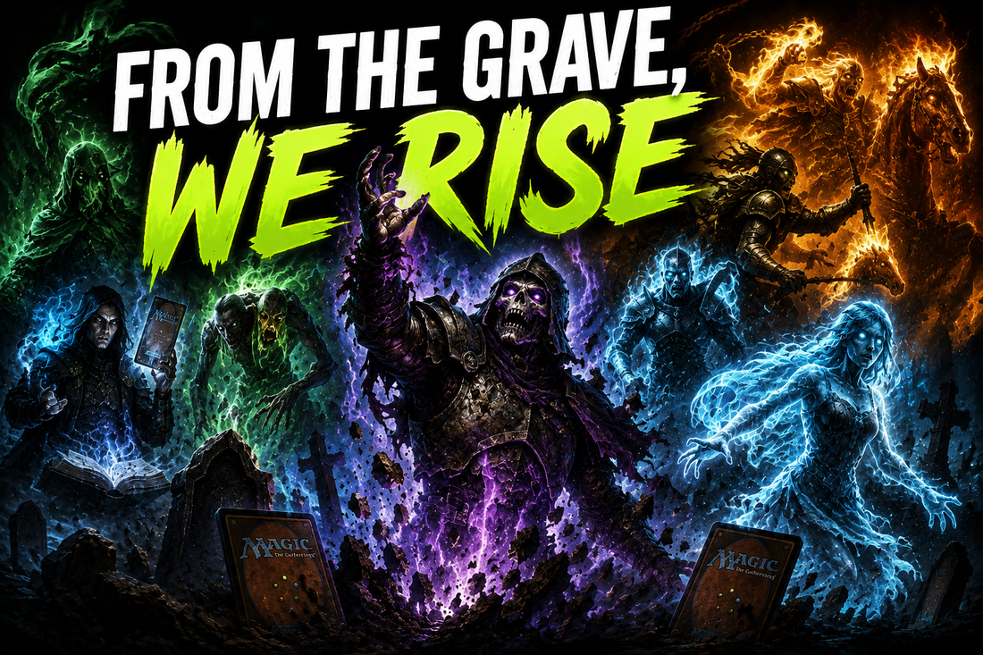 MTG Unearth, Embalm, Persist and Undying guide image showing undead creatures rising from the grave with necromantic magic, spirits, graveyard recursion, and Commander creature mechanics.