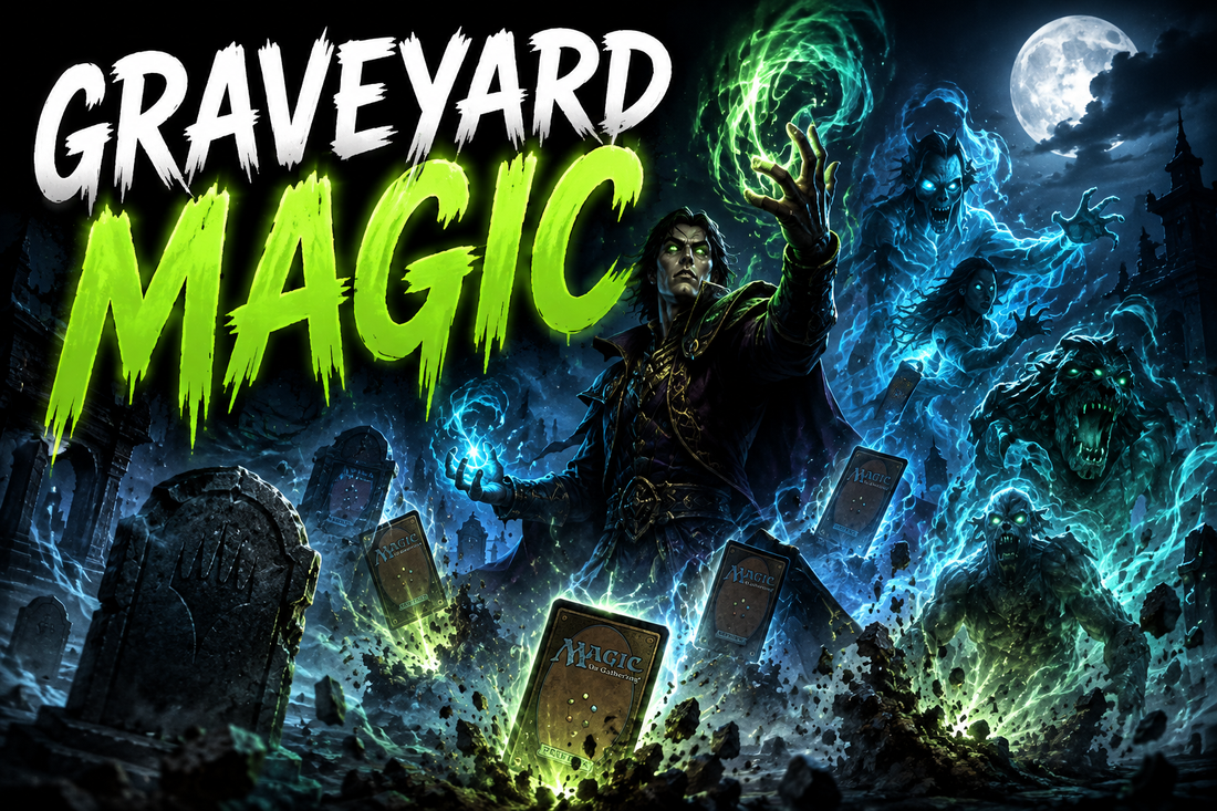 MTG Flashback, Escape, Aftermath, Jump-start, Retrace and Disturb guide image showing graveyard mechanics, spells cast from the graveyard, transformed creatures, exile effects, and Commander recursion rules.