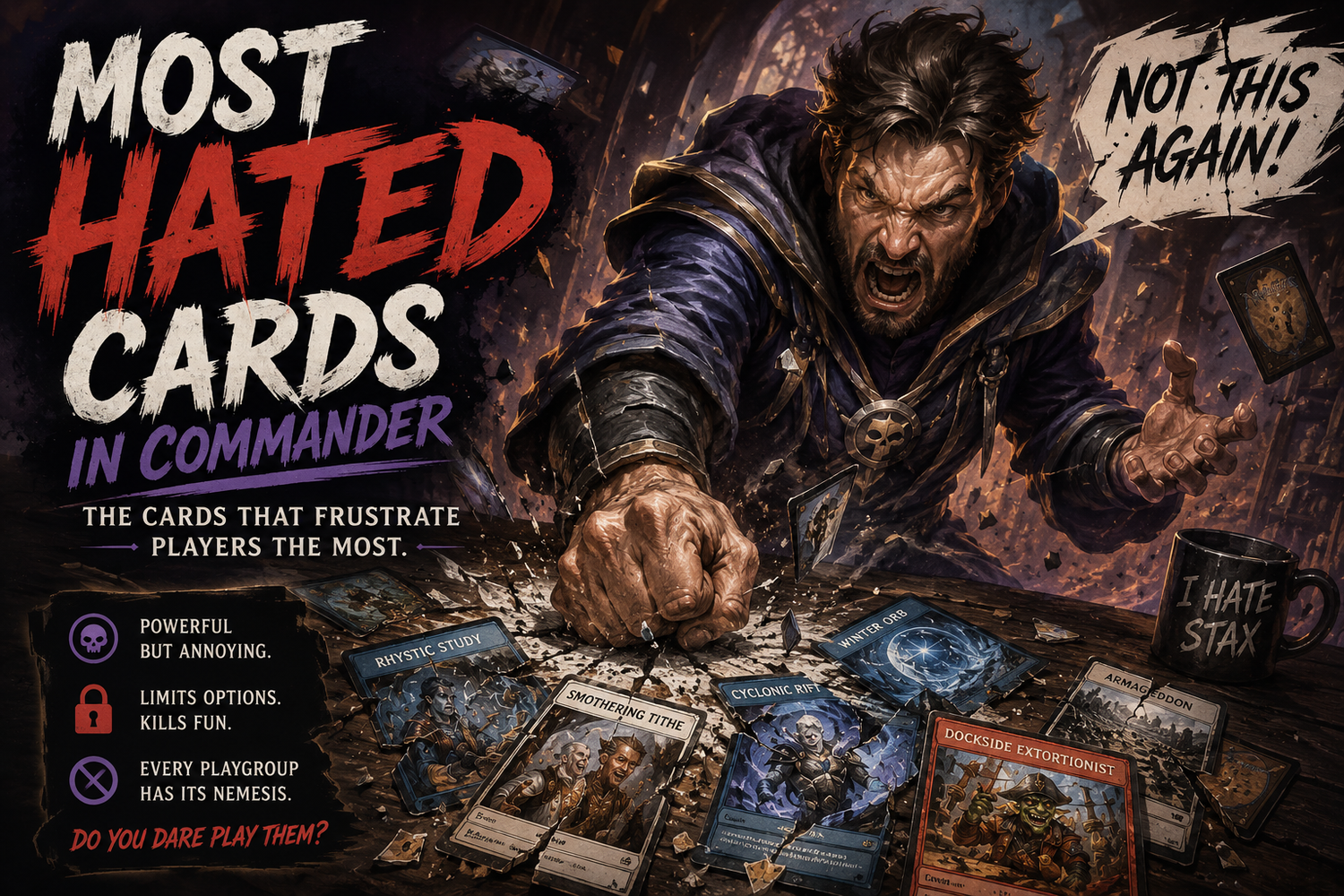 Most hated cards in Commander guide showing a frustrated EDH player reacting to controversial staples, stax pieces, and powerful cards that many players dislike facing.