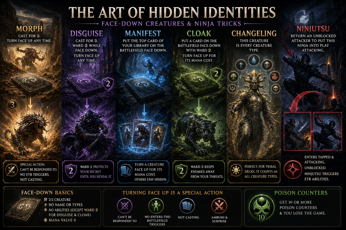 MTG Morph, Disguise, Manifest, Cloak, Changeling and Ninjutsu guide image showing face-down creatures, hidden identities, ward protection, changeling tribal magic, and ninja combat tricks in Commander.