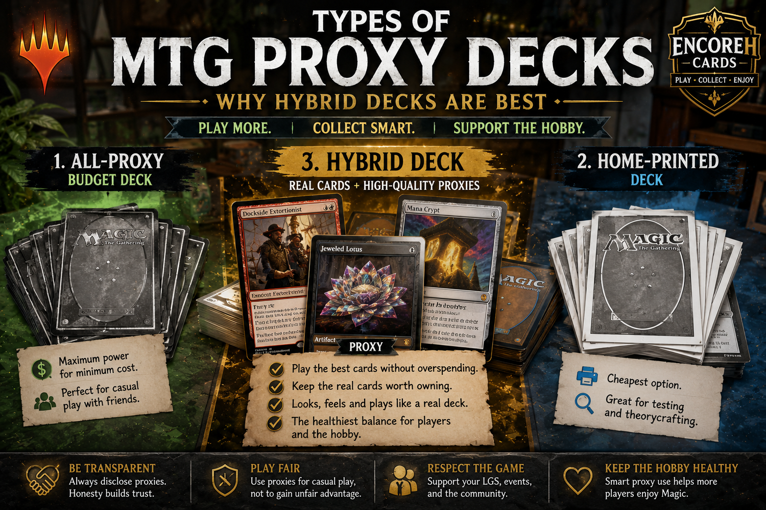 MTG proxy decks guide comparing all-proxy, home-printed, and hybrid Commander decks, with high-quality proxies, real cards, collecting, and responsible play.