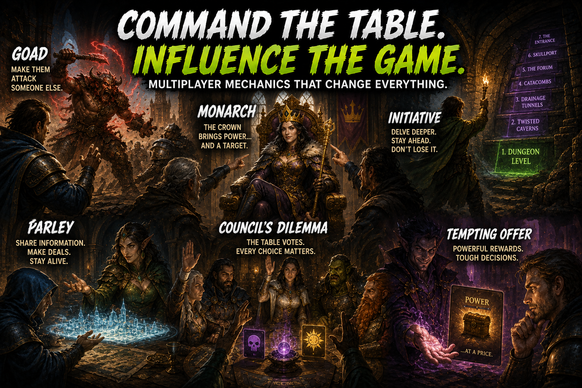 MTG Goad, Monarch, Initiative and Parley guide image showing a tense Commander table with political deals, a monarch’s crown, dungeon magic, voting, tempting offers, and multiplayer strategy.
