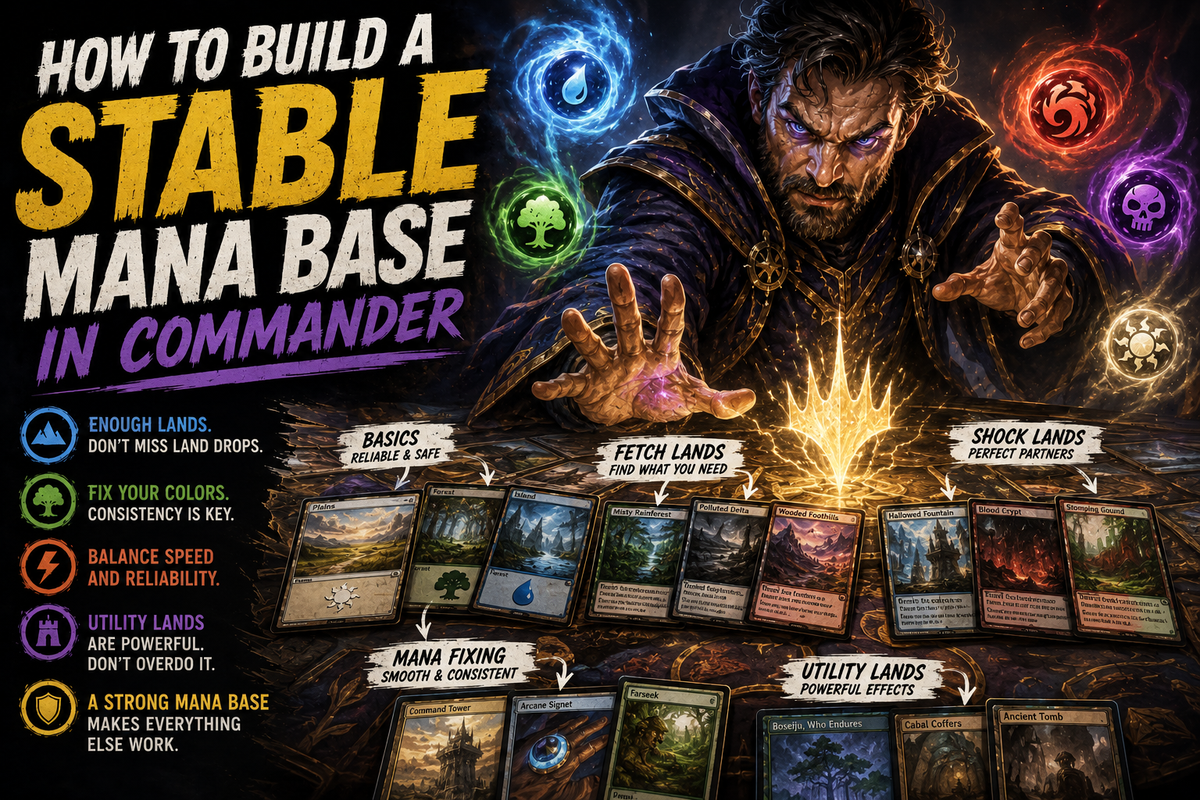 How to build a stable mana base in Commander guide featuring fetch lands, shock lands, mana fixing, utility lands, and color consistency for EDH deckbuilding.