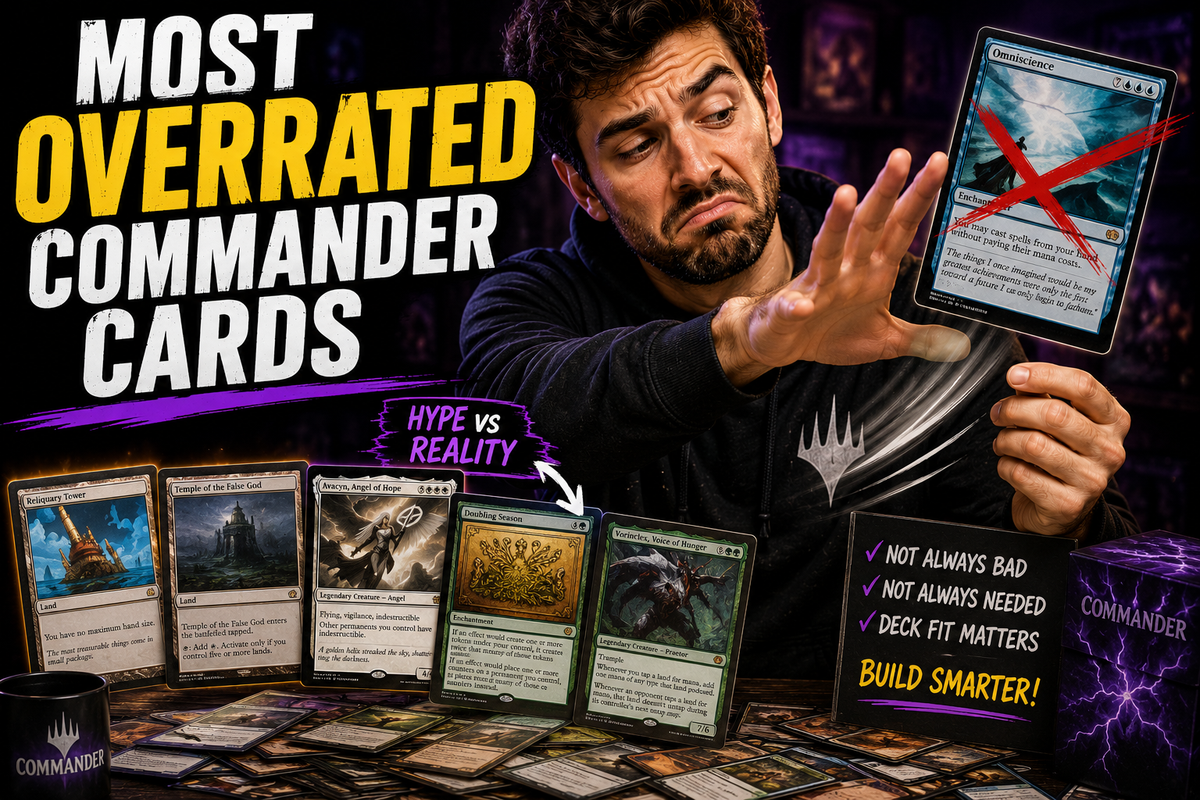 Commander player evaluating popular EDH cards while discussing which cards may be overrated and whether they truly deserve a slot in every deck.