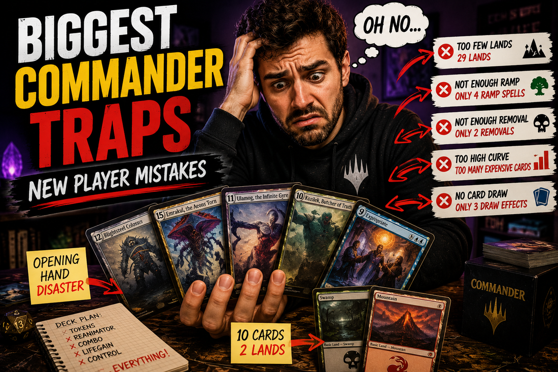 Commander beginner guide showing a player struggling with common EDH deckbuilding mistakes such as too few lands, insufficient ramp, lack of card draw, and poor mana curve management.