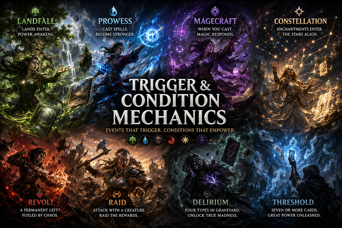 MTG Landfall, Prowess, Magecraft and Delirium guide image showing trigger and condition mechanics as magical fantasy scenes with lands, spells, enchantments, combat, graveyard energy, and Commander gameplay.