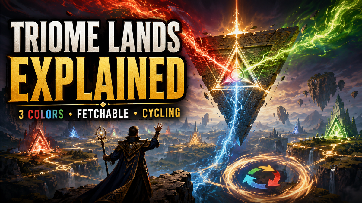 MTG Triome lands guide showing three-colour Commander mana base lands with basic land types, fetchland synergy, and cycling for improved mana consistency.