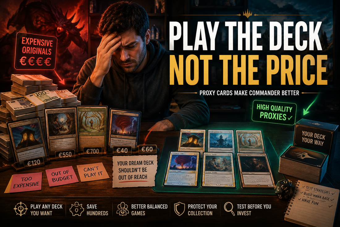 Commander proxy cards guide showing a player building an EDH deck with proxy cards, expensive staples, dual lands, and mana base upgrades for casual Commander.