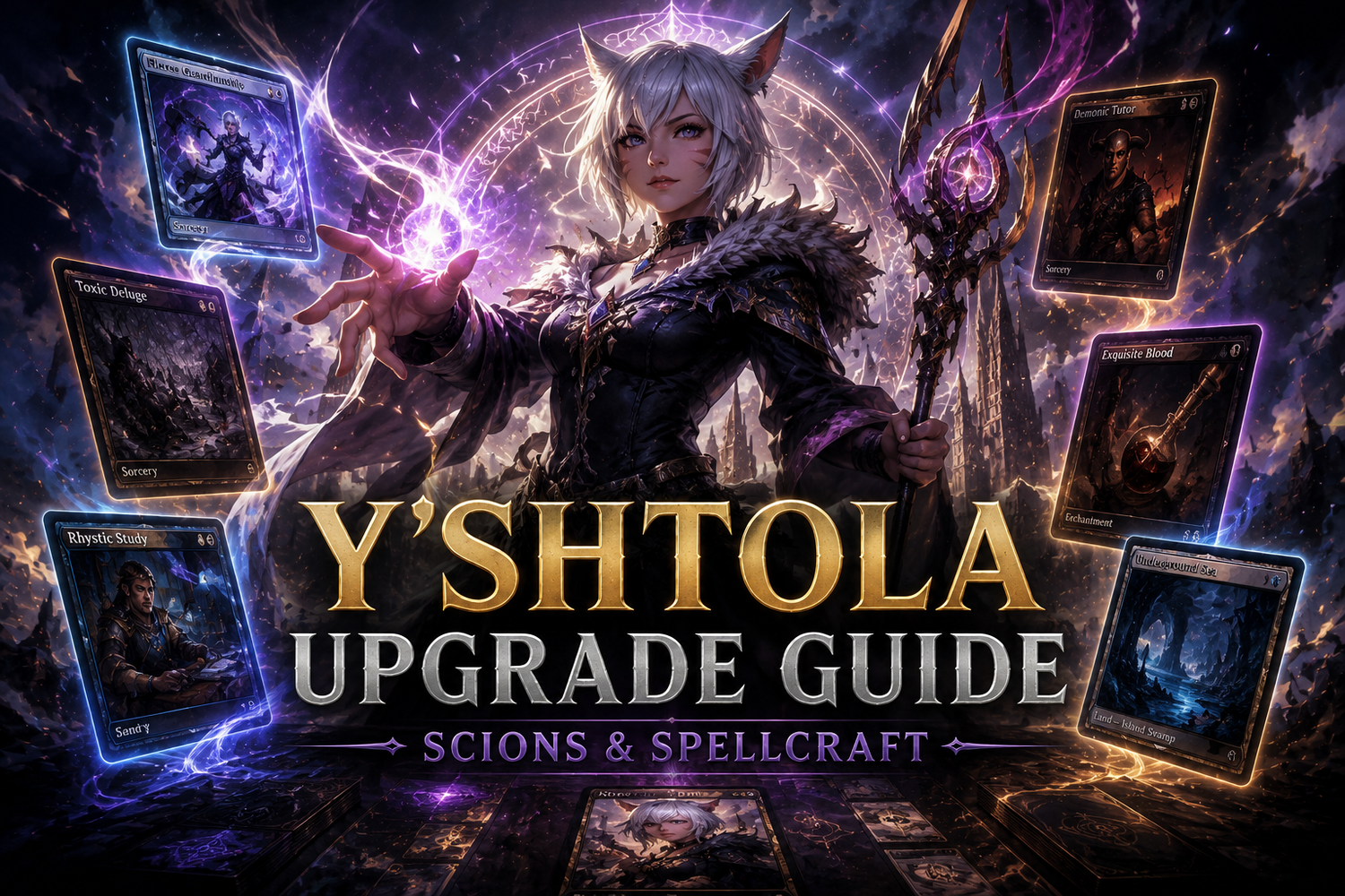Y'shtola Scions & Spellcraft upgrade guide showing an Esper Commander control deck with Final Fantasy-inspired magic, free interaction, drain engines, tutors, and upgraded mana base cards.